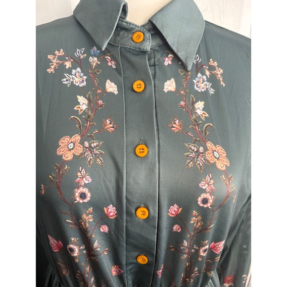 Vintage Floral Maxi Dress Long Sleeve Collared Button Up Teal Green Tier Ruffle - Picture 2 of 10